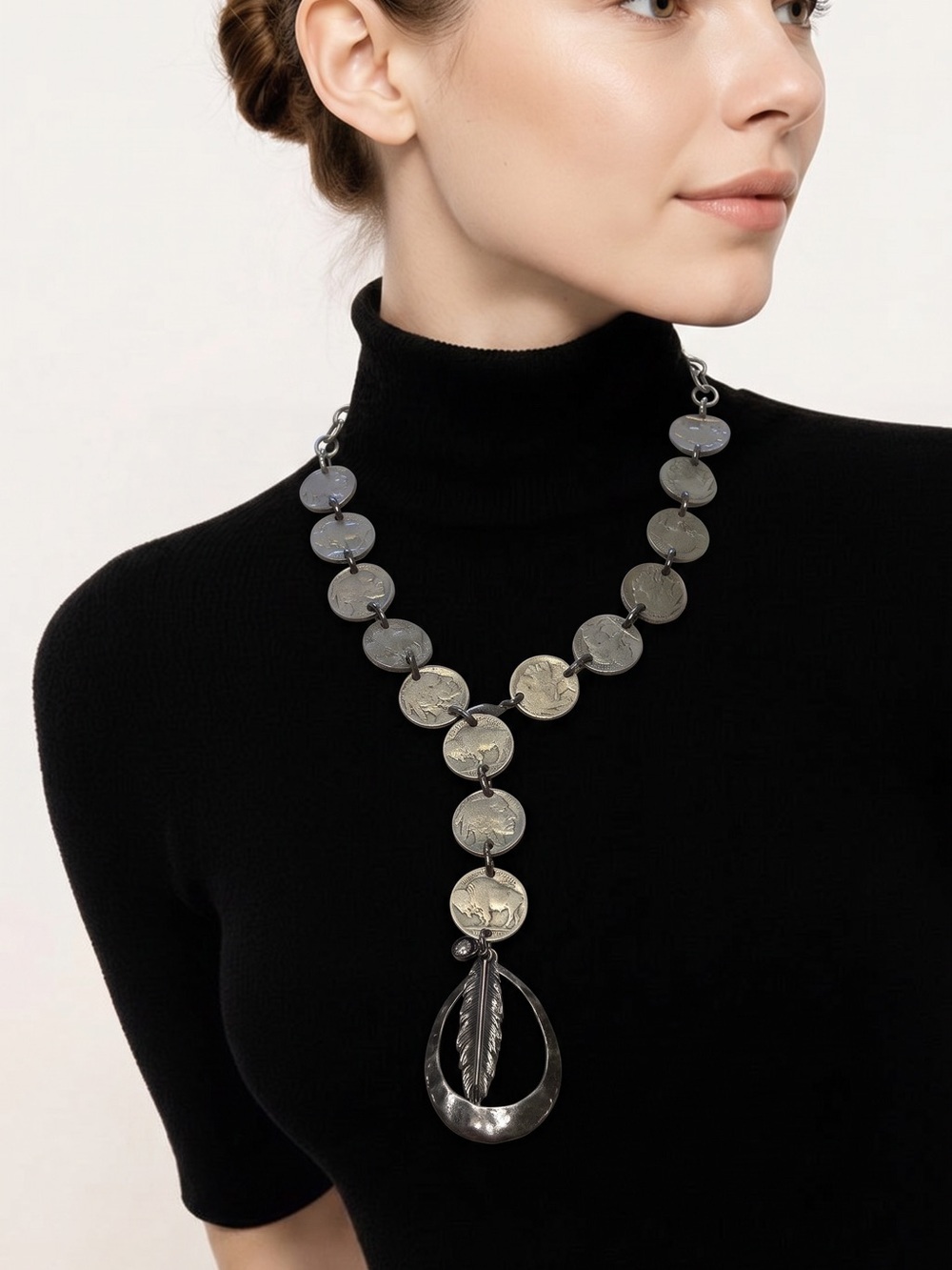 Elegant Silver-Tone Buffalo Coin and Feather Y-Necklace